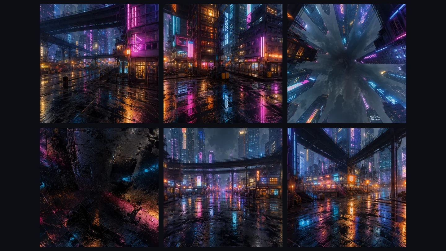 Six cubemap faces converted from a neon city panorama