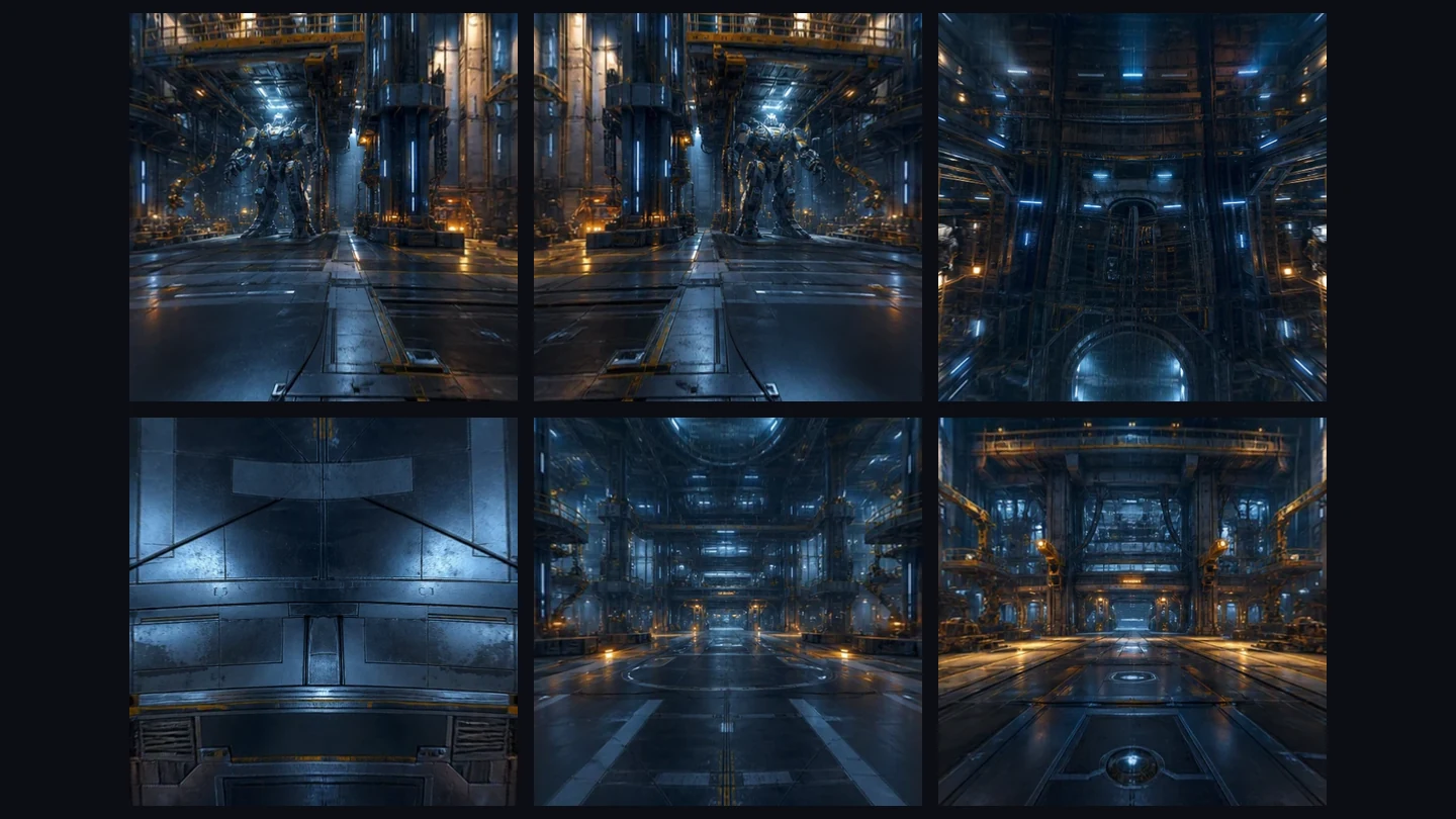 Six separate mecha hangar cubemap faces
