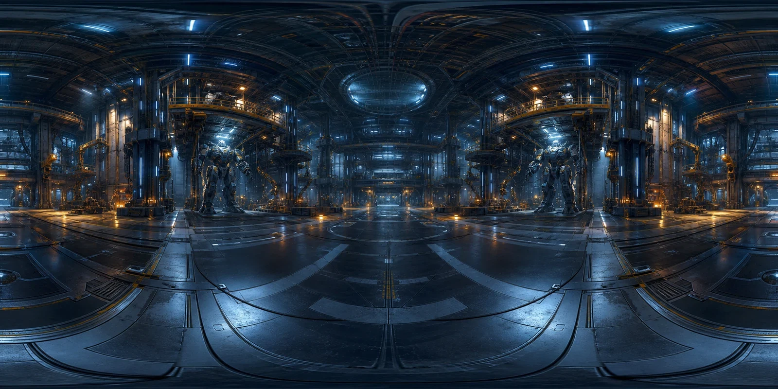 A flat equirectangular mecha hangar panorama