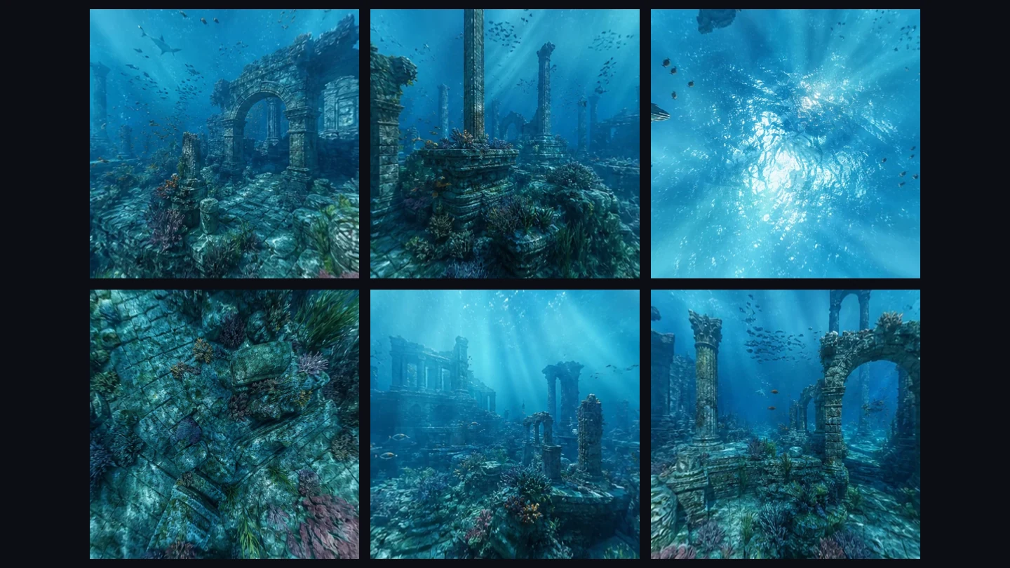 Six cubemap faces converted from an underwater ruins panorama