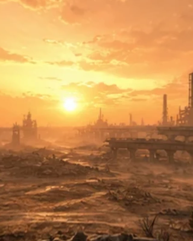 A perspective view of desert ruins under a warm sunset sky