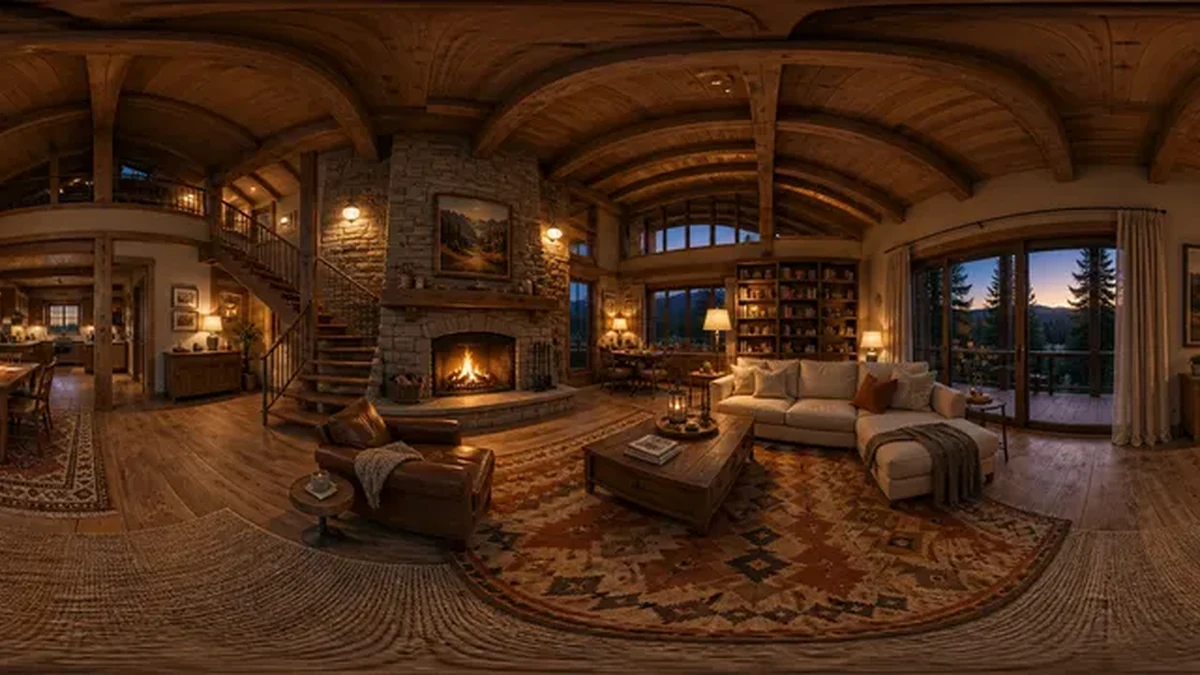 A warm wooden cabin interior arranged as a surrounding panorama