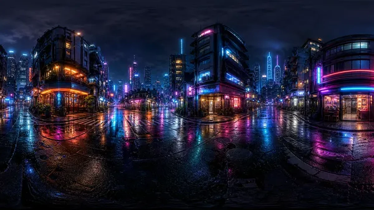 A neon city street panorama reflected in wet pavement