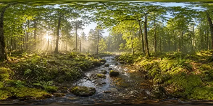 A sunlit forest clearing and stream panorama