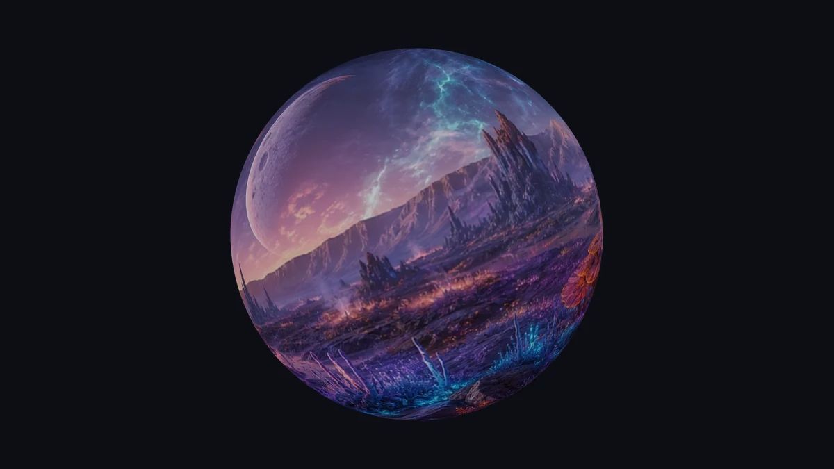 An alien landscape wrapped around a spherical globe