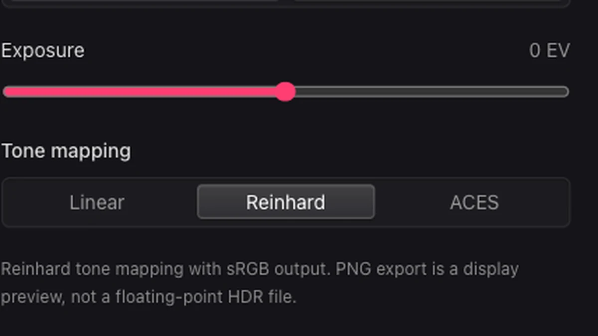 HDR exposure and Linear, Reinhard, and ACES tone mapping controls