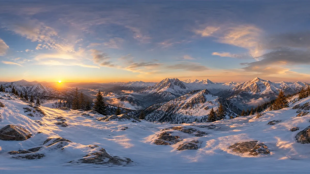 A snowy alpine panorama with a broad surrounding horizon
