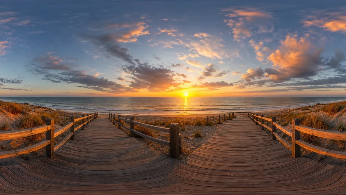 A beach boardwalk panorama at sunset