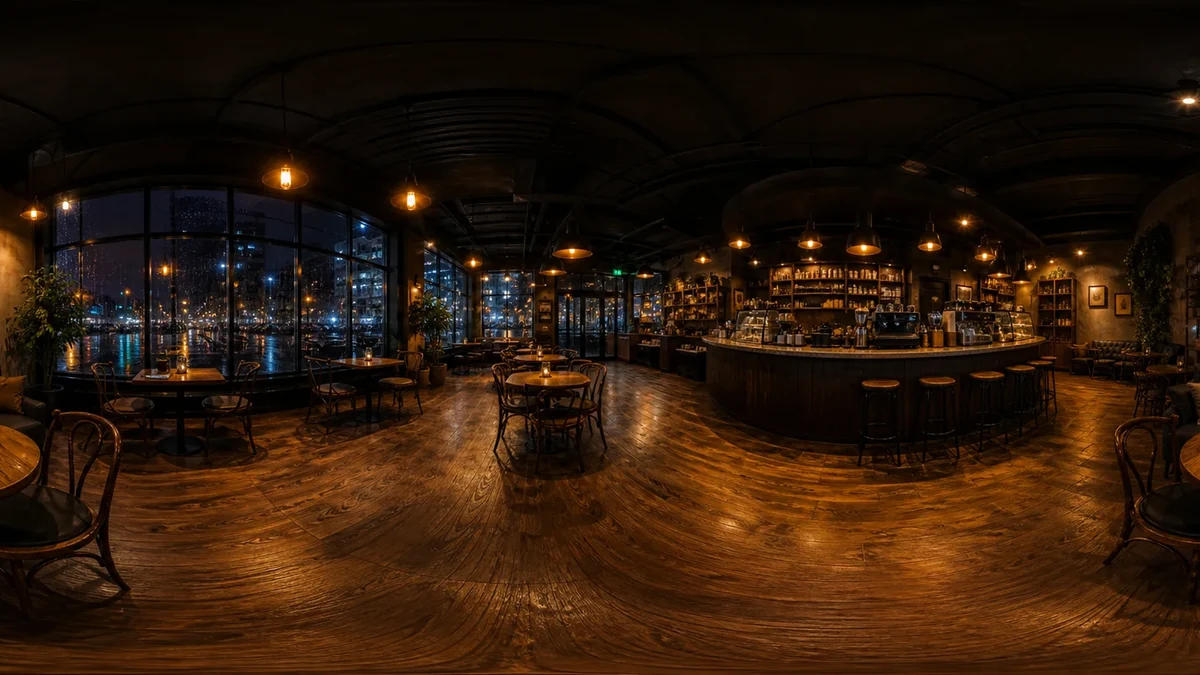 A night cafe panorama with warm lights and a surrounding interior