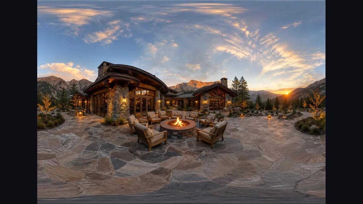 An expanded lodge courtyard scene with a fire pit and mountains