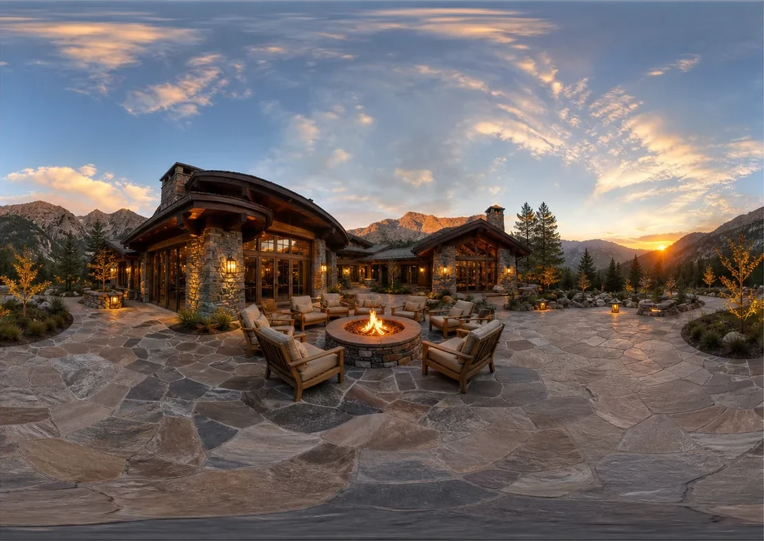 The expanded lodge courtyard panorama with the surrounding mountain horizon