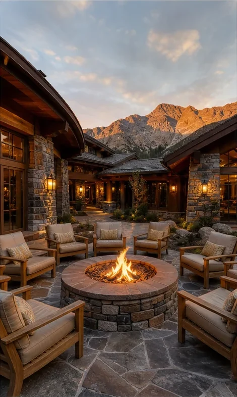 The original photograph of a lodge courtyard and fire pit