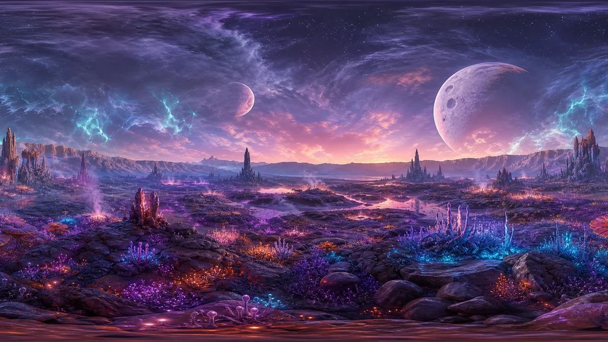 An imagined alien landscape with luminous plants and distant planets
