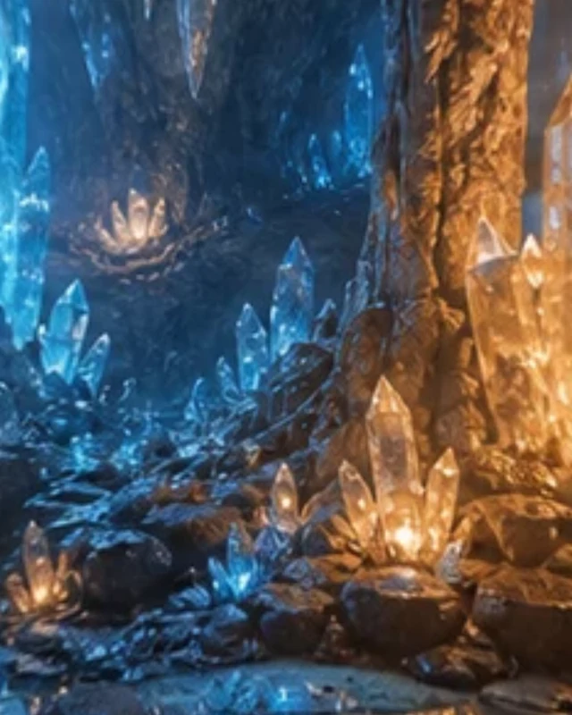 An immersive view inside a blue crystal cavern