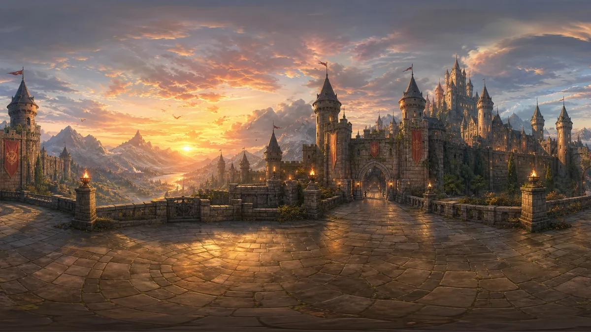 A fantasy castle environment under a warm sunset sky