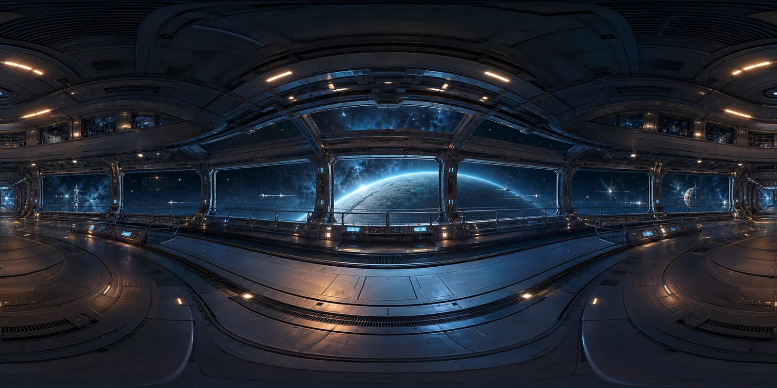A panoramic orbital station interior with curved windows and a planet outside