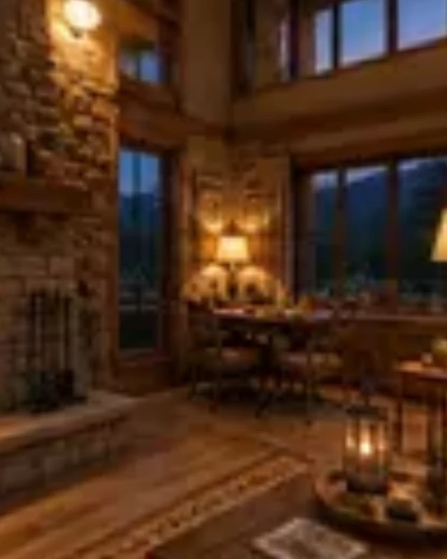 A perspective view inside a warm cabin panorama