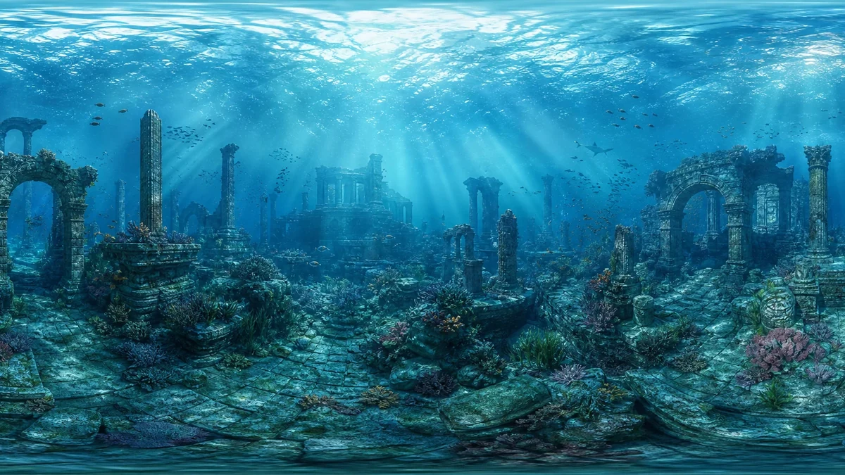 An underwater ruins panorama suitable for a rotating presentation