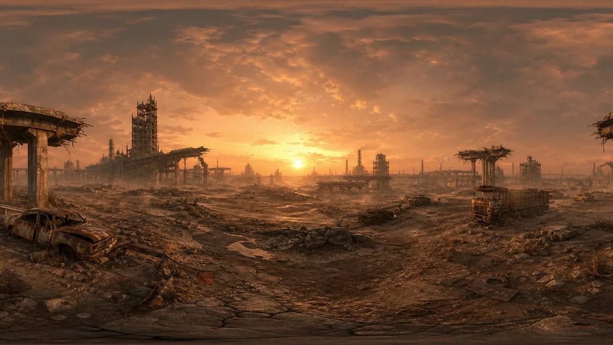 A ruined desert environment arranged as a surrounding panorama