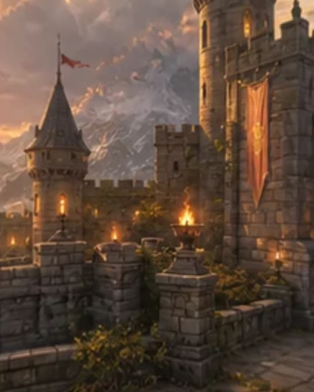 A castle courtyard with warm illuminated towers