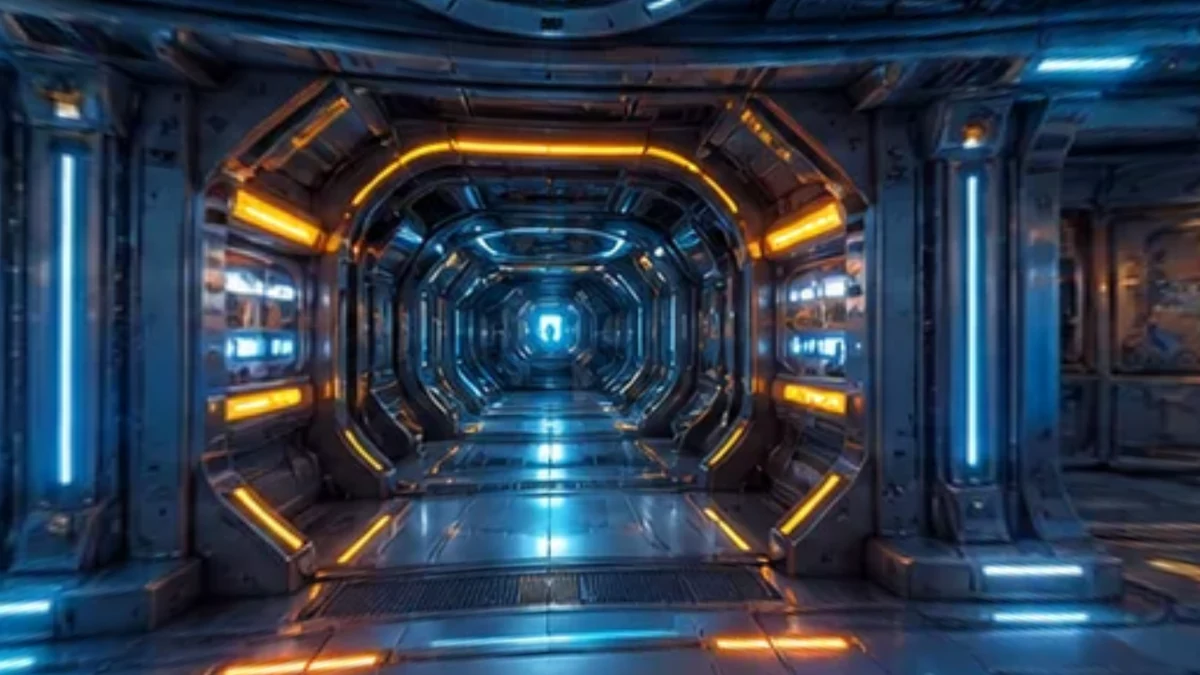 A perspective view inside a blue sci-fi corridor panorama