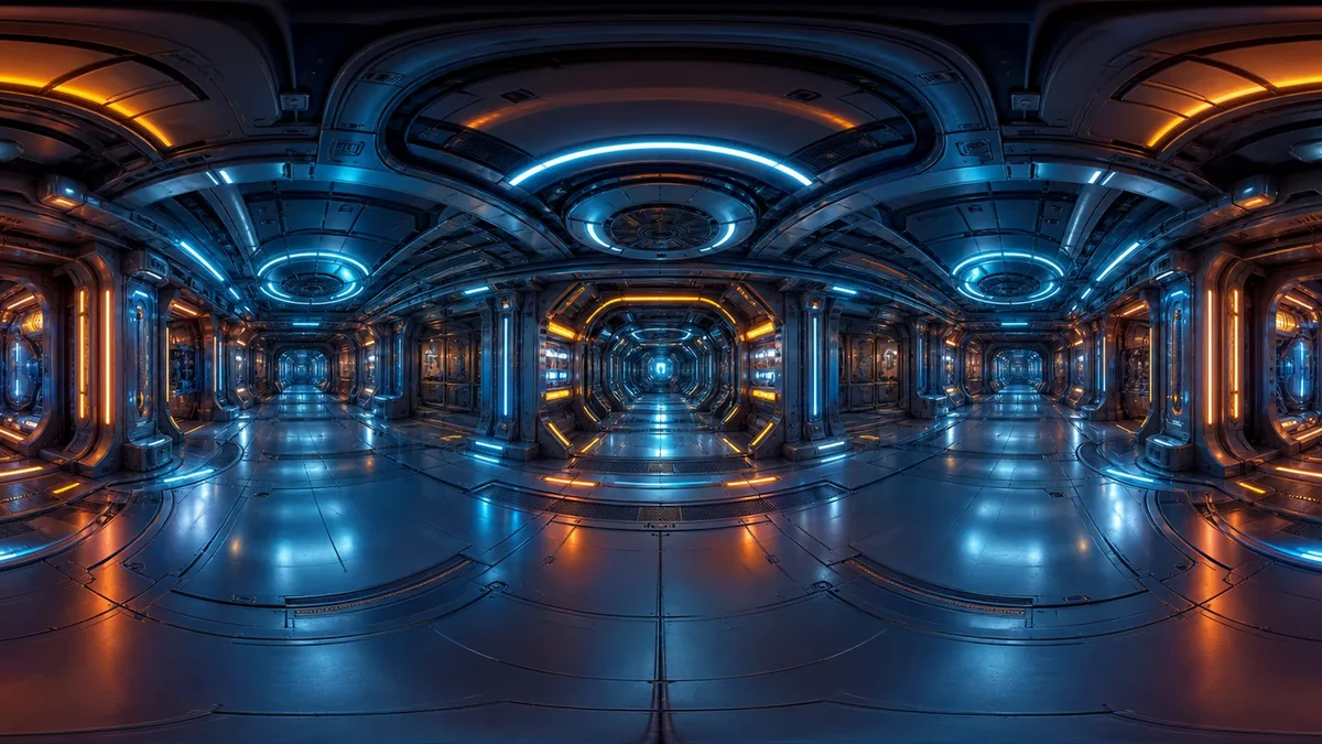 A sci-fi corridor panorama with luminous blue and orange architecture