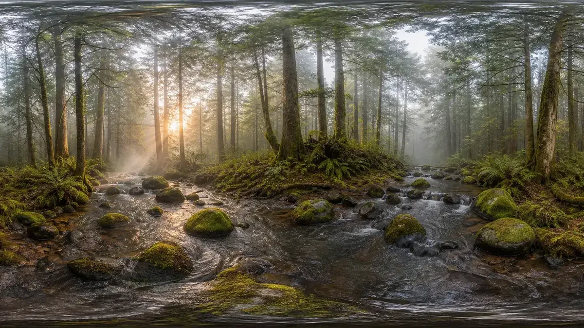 A misty forest stream equirectangular panorama