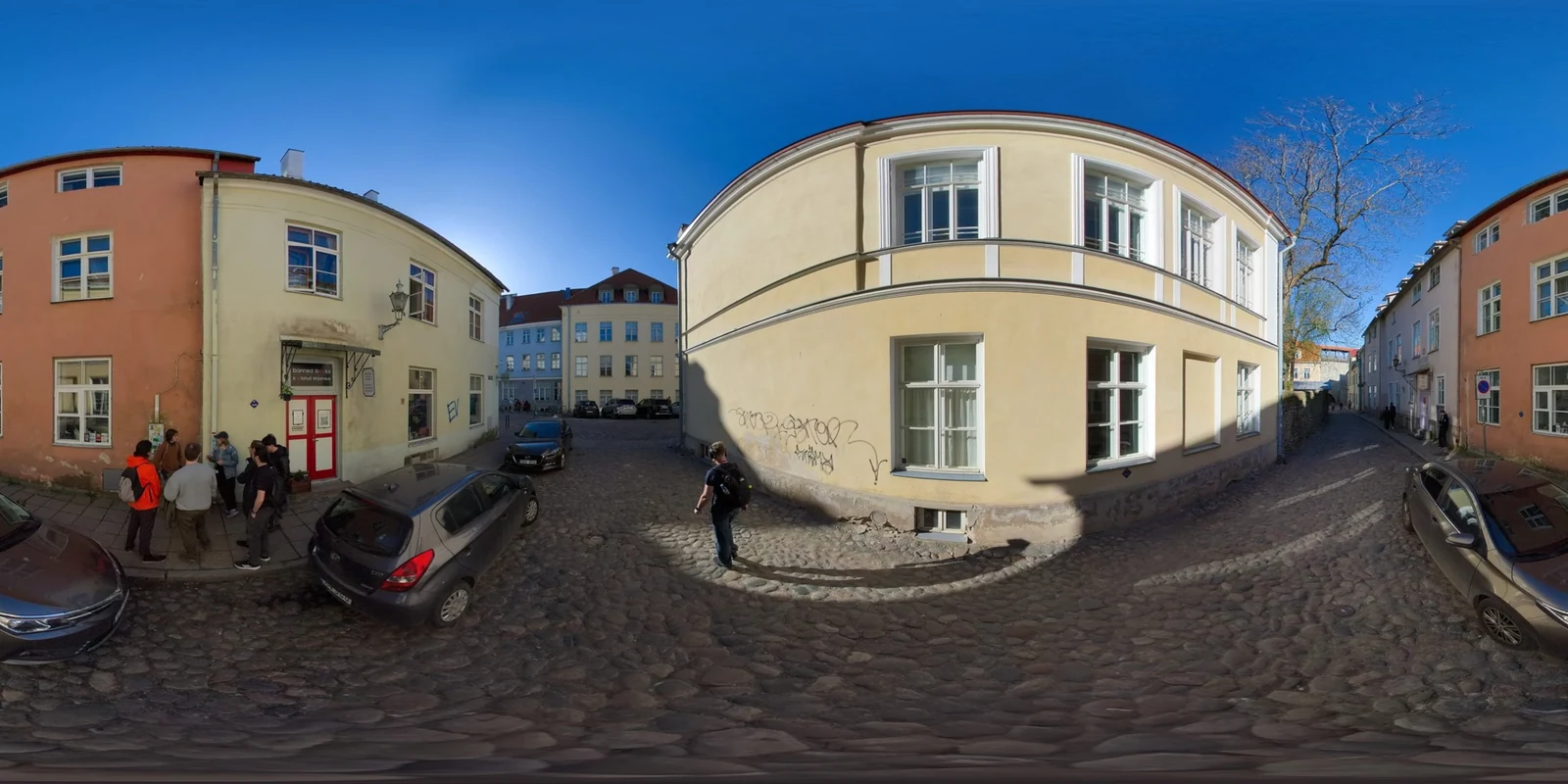 A flat equirectangular street panorama